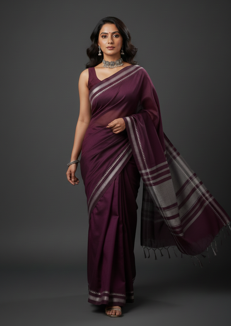 Woman wearing a purple saree with a gray pallu