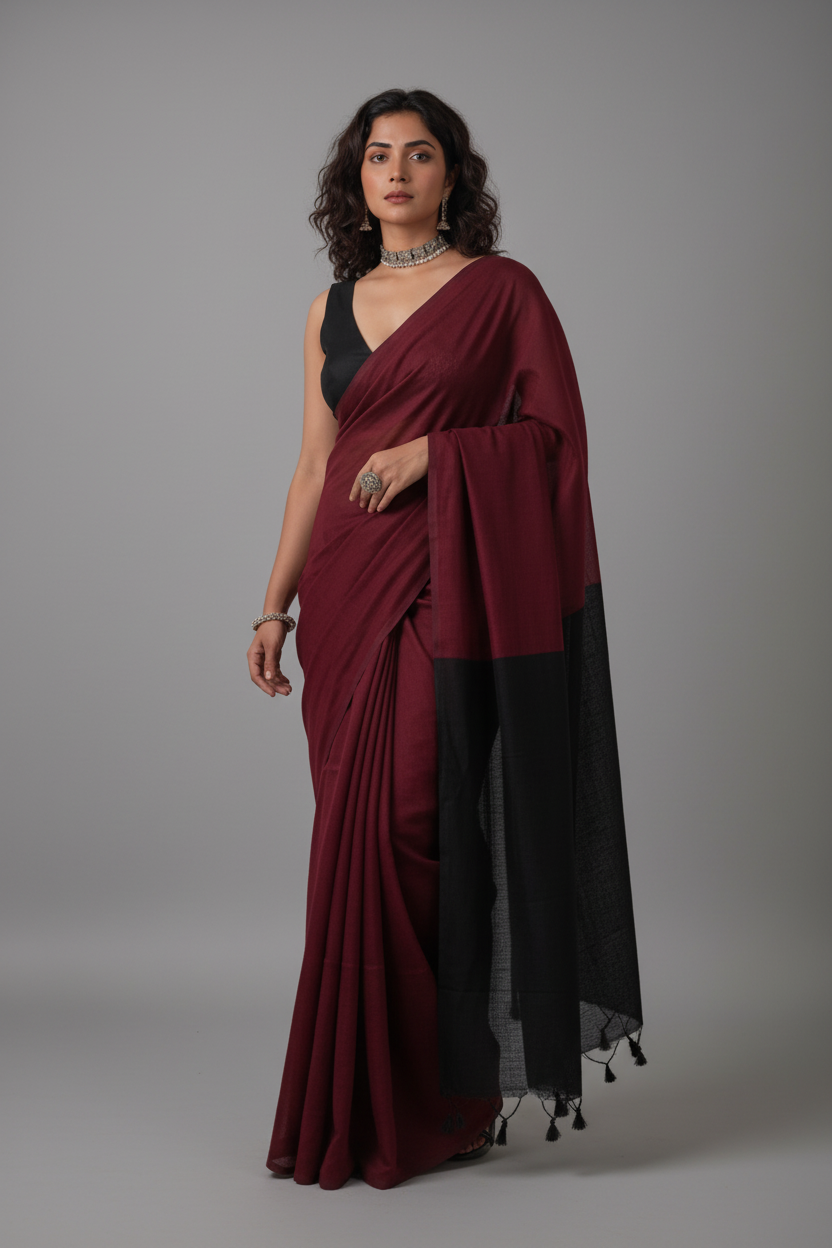 Maroon Handloom Cotton Saree with Black Contrast Pallu