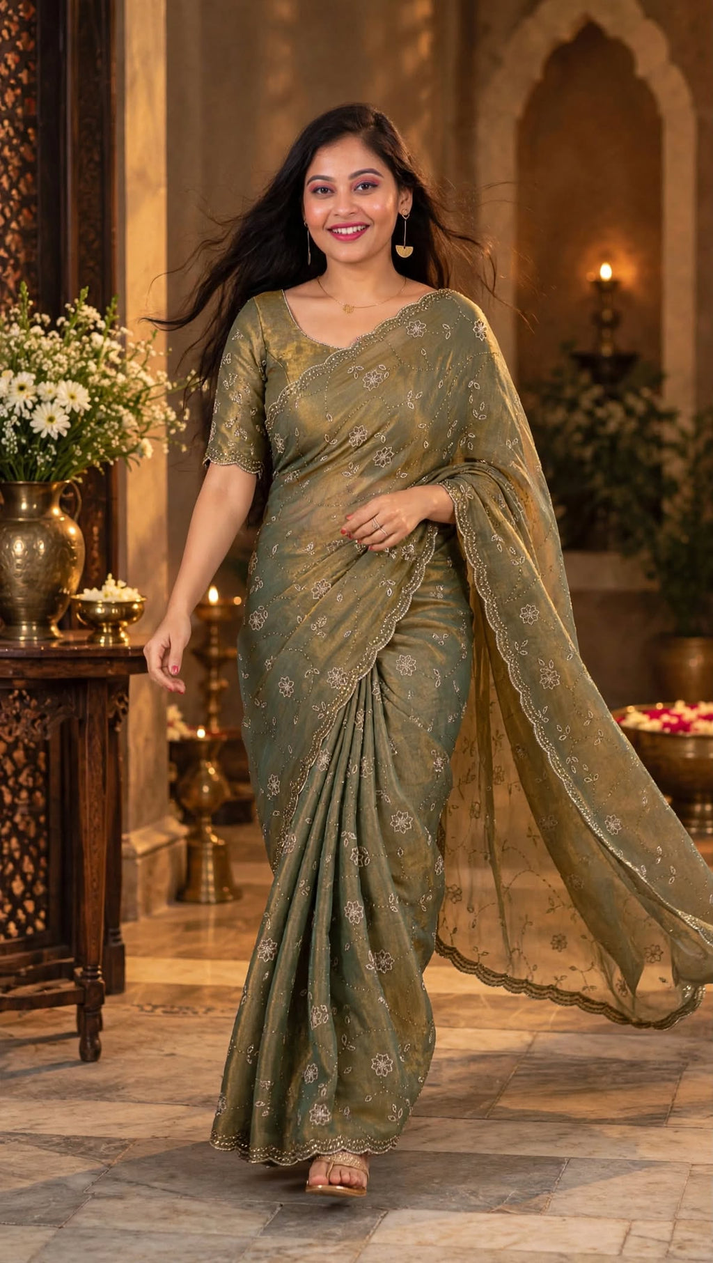 Premium Olive Green Golden Party Wear Saree
