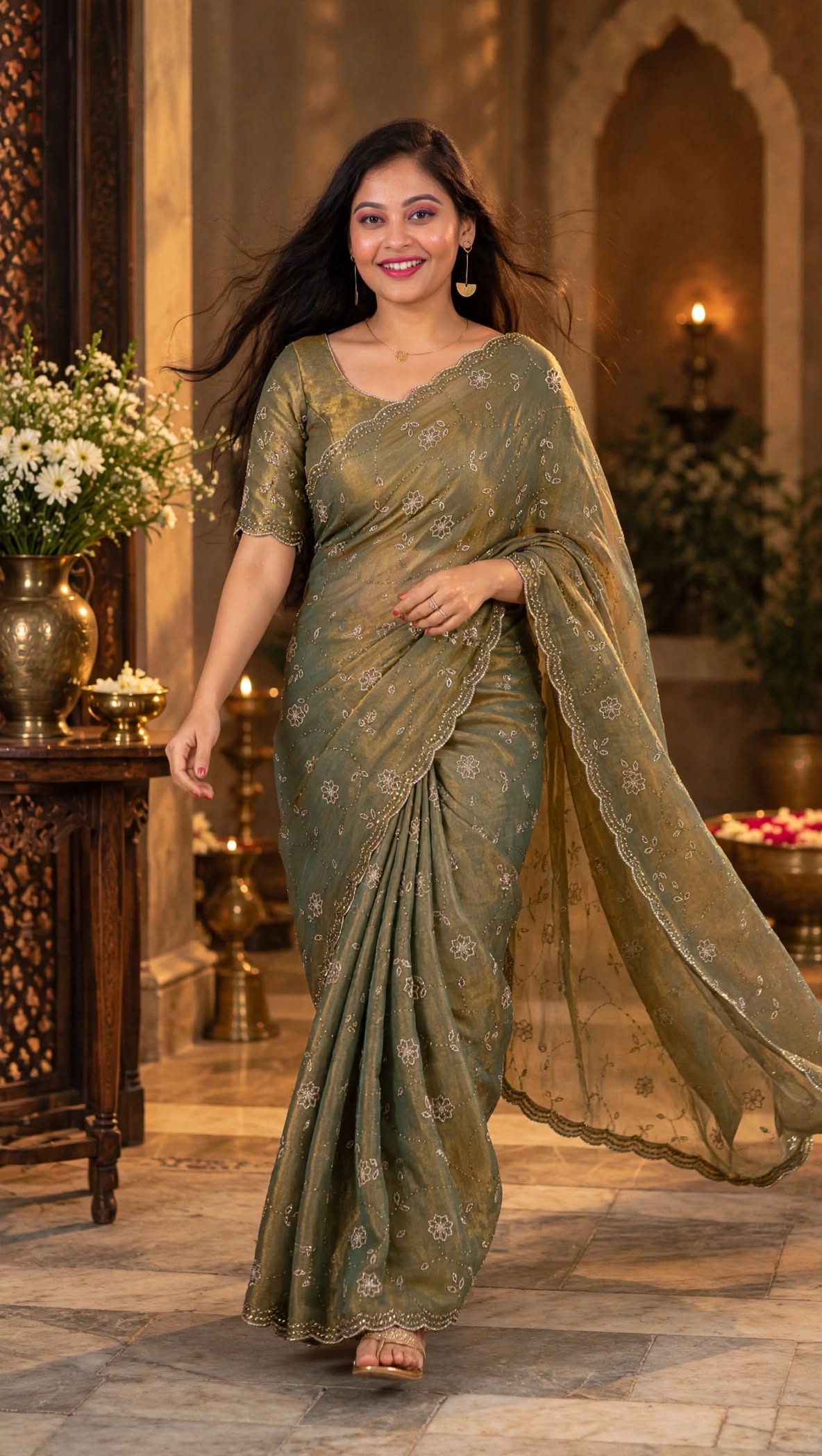 Premium Olive Green Golden Party Wear Saree