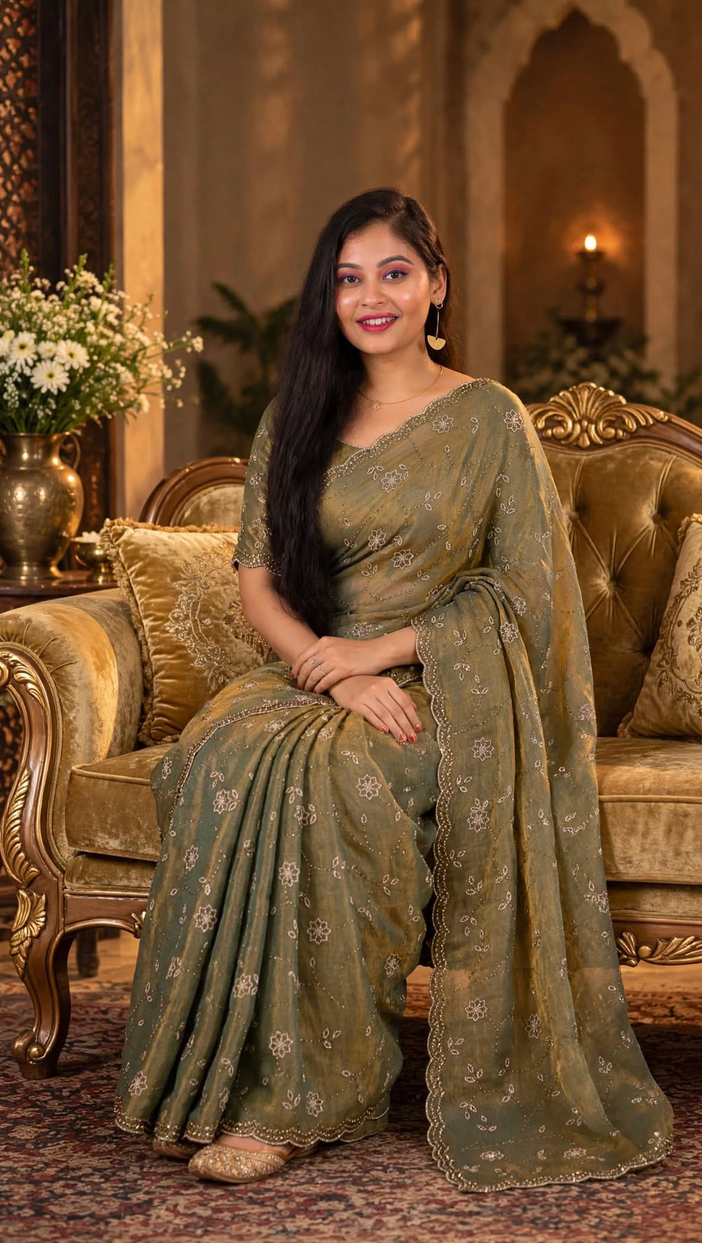 Premium Olive Green Golden Party Wear Saree