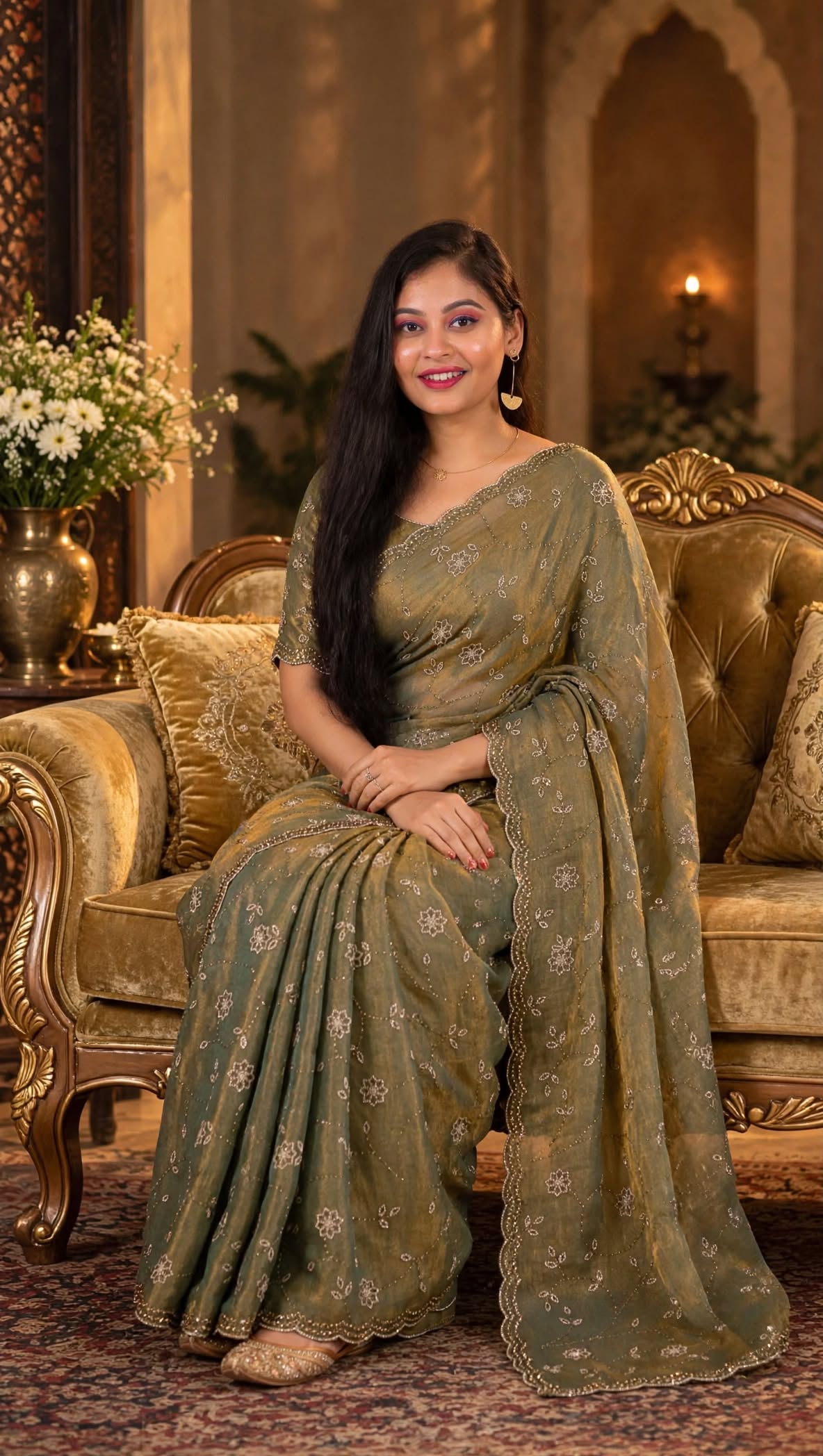 Premium Olive Green Golden Party Wear Saree