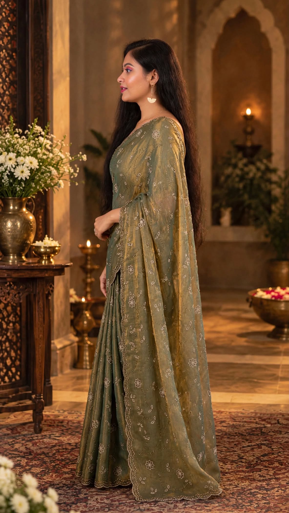 Premium Olive Green Golden Party Wear Saree