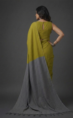 Olive Green handloom Cotton Saree with gray Pallu