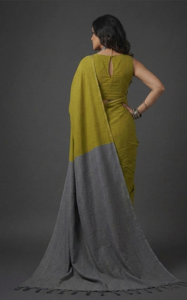 Olive Green handloom Cotton Saree with gray Pallu