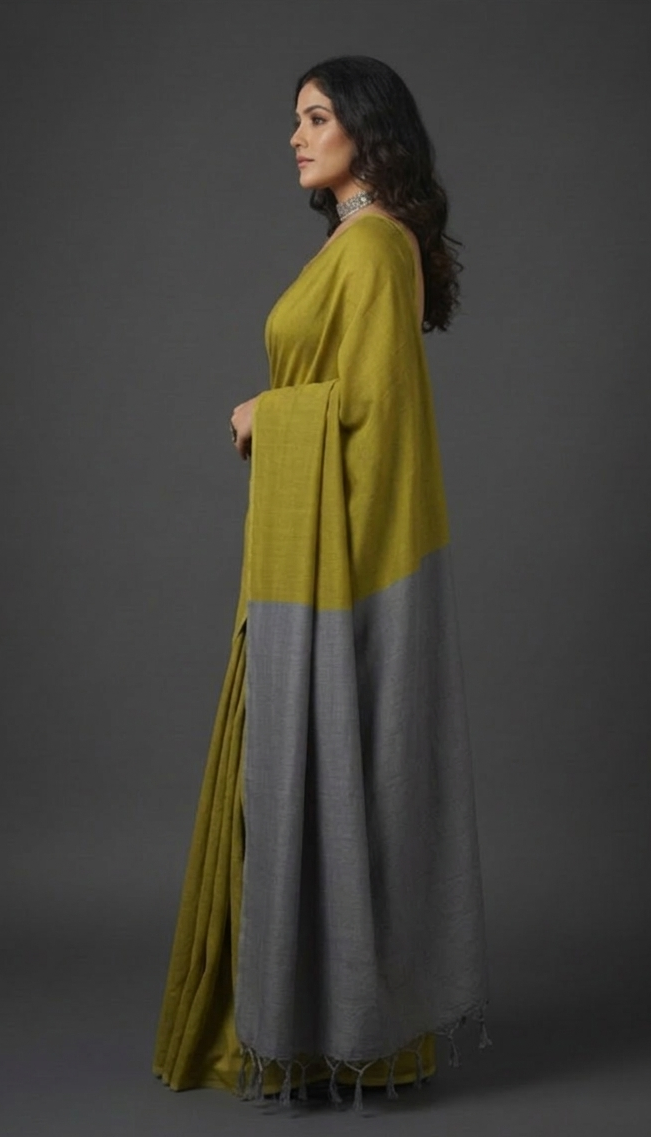 Olive Green handloom Cotton Saree with gray Pallu