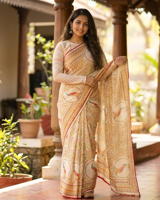 Photo -2 photo - 2 Elegant Ivory Pure Chiffon Saree with Artistic Bird Motifs