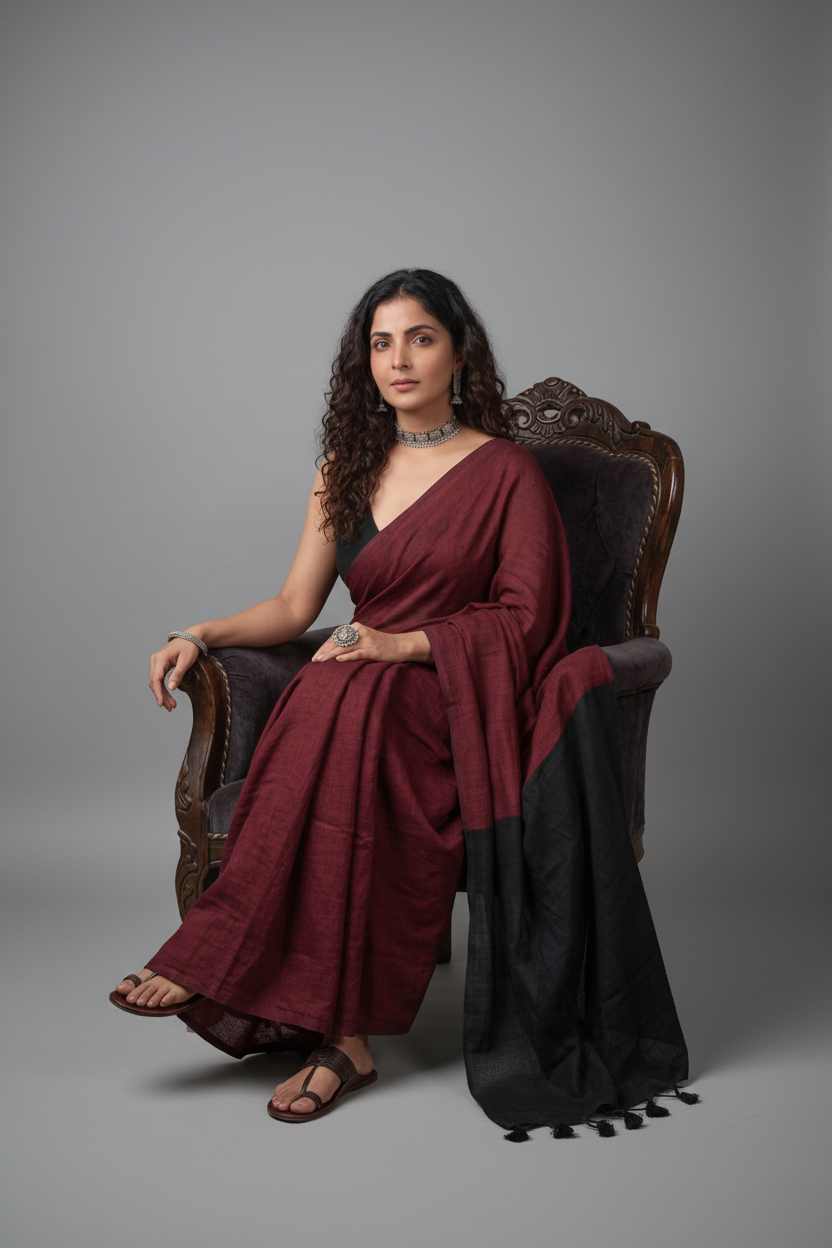 Maroon Handloom Cotton Saree with Black Contrast Pallu