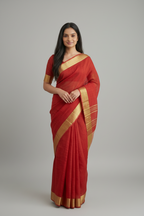 Pure Linen Red Saree with Zari Border