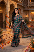 Bottel Green Ajrakh Block Print Saree