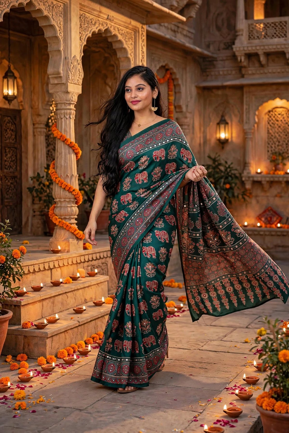 Bottel Green Ajrakh Block Print Saree