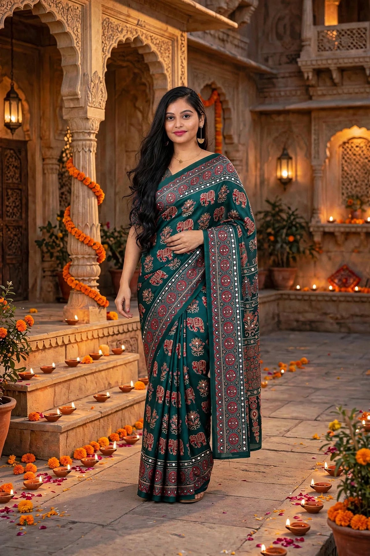Bottel Green Ajrakh Block Print Saree