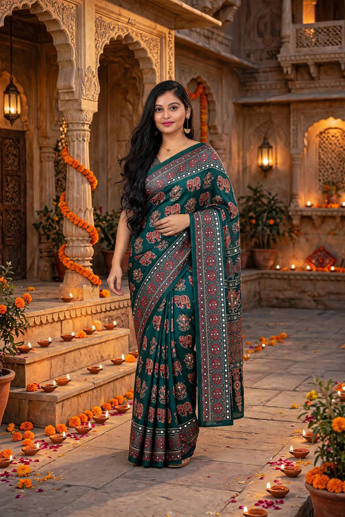 Bottel Green Ajrakh Block Print Saree