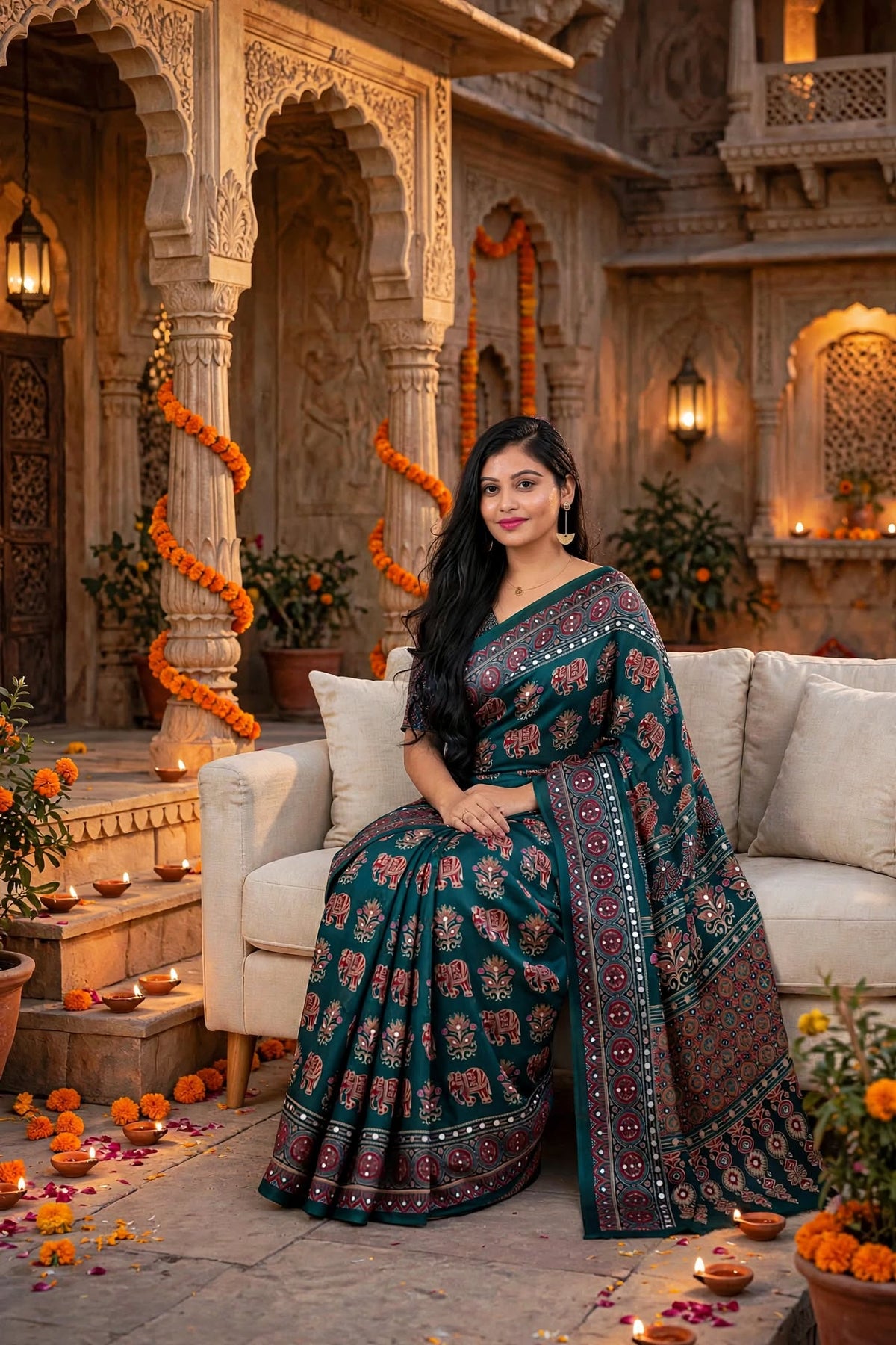 Bottel Green Ajrakh Block Print Saree