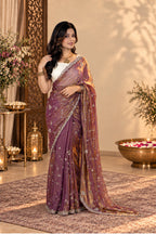 Metallic Lavender Purple Pure Kora Silk Shimmer Saree
