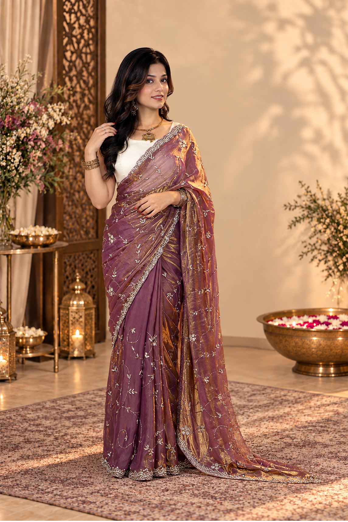 Metallic Lavender Purple Pure Kora Silk Shimmer Saree