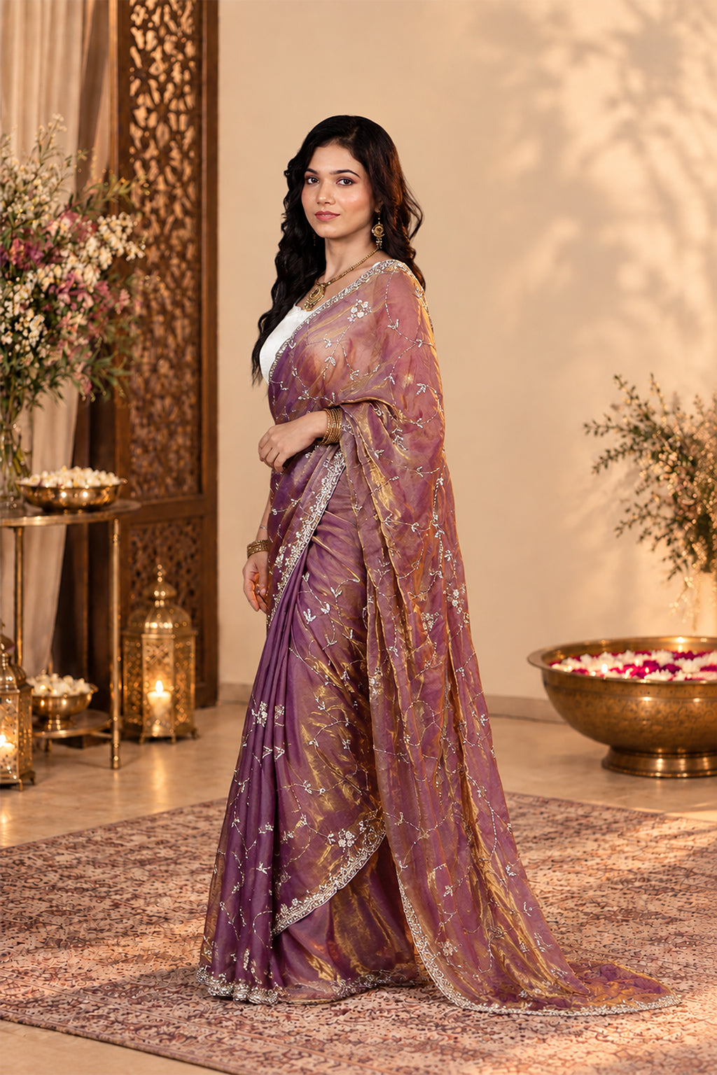Metallic Lavender Purple Pure Kora Silk Shimmer Saree