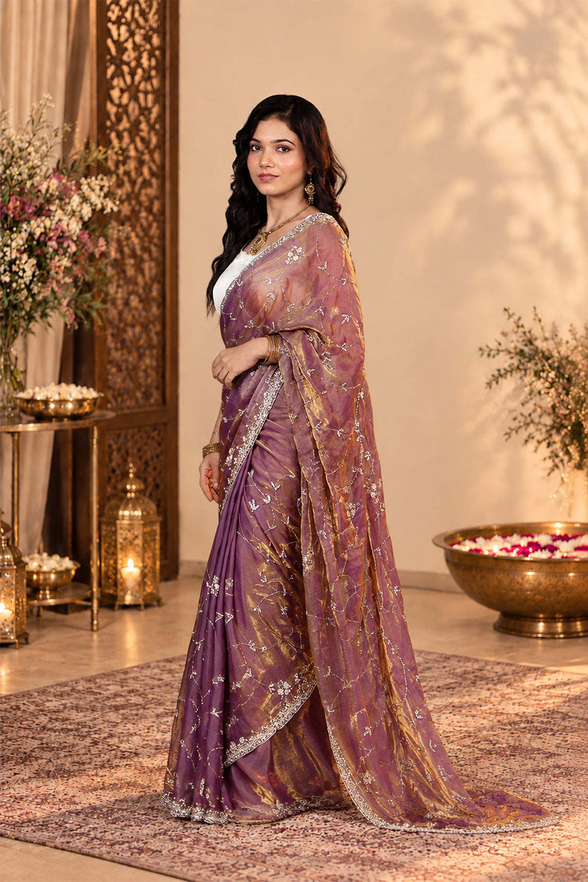 Metallic Lavender Purple Pure Kora Silk Shimmer Saree