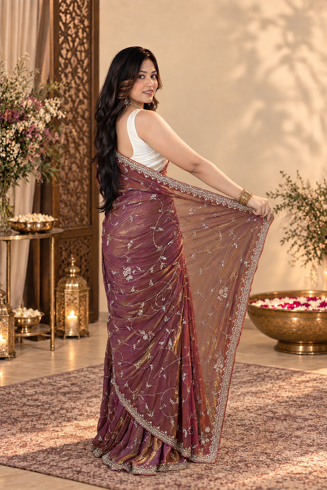 Metallic Lavender Purple Pure Kora Silk Shimmer Saree