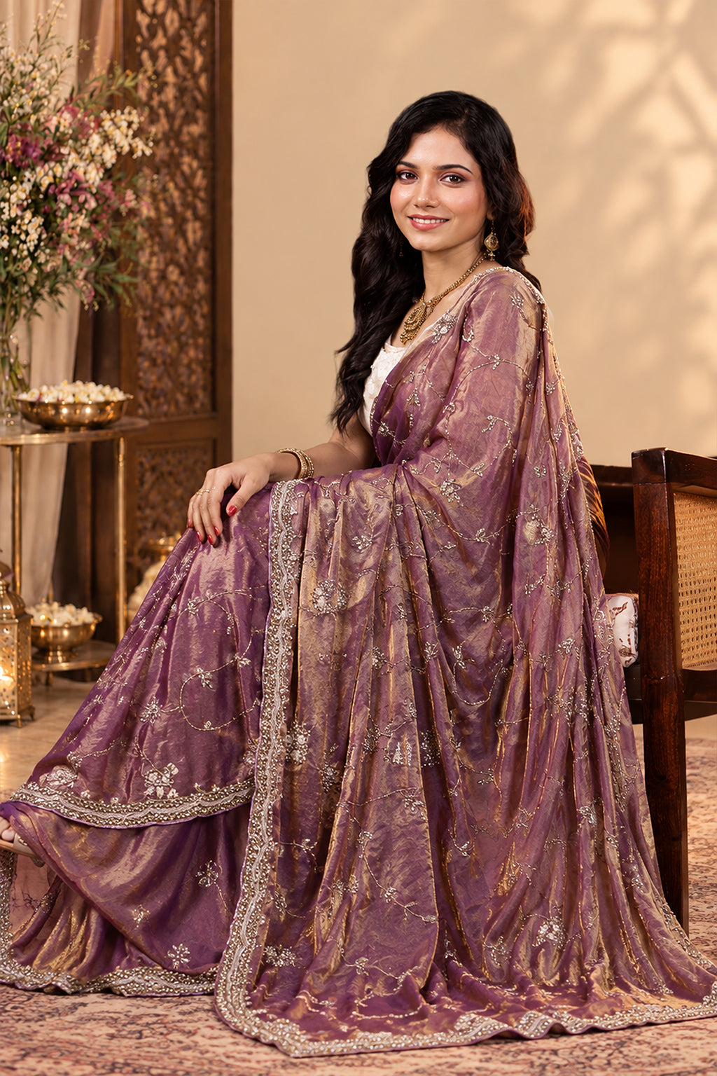 Metallic Lavender Purple Pure Kora Silk Shimmer Saree