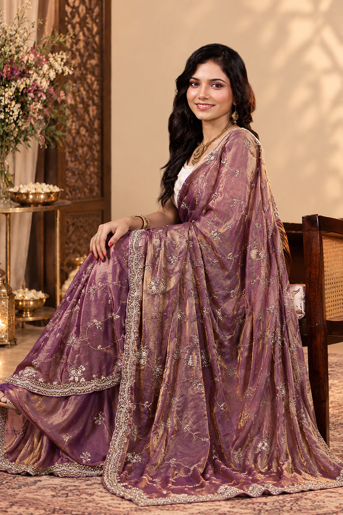Metallic Lavender Purple Pure Kora Silk Shimmer Saree