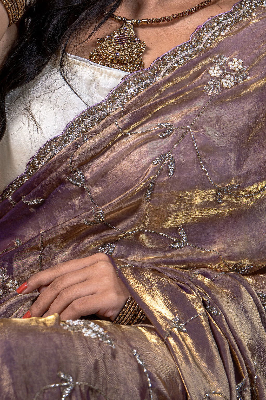 Metallic Lavender Purple Pure Kora Silk Shimmer Saree