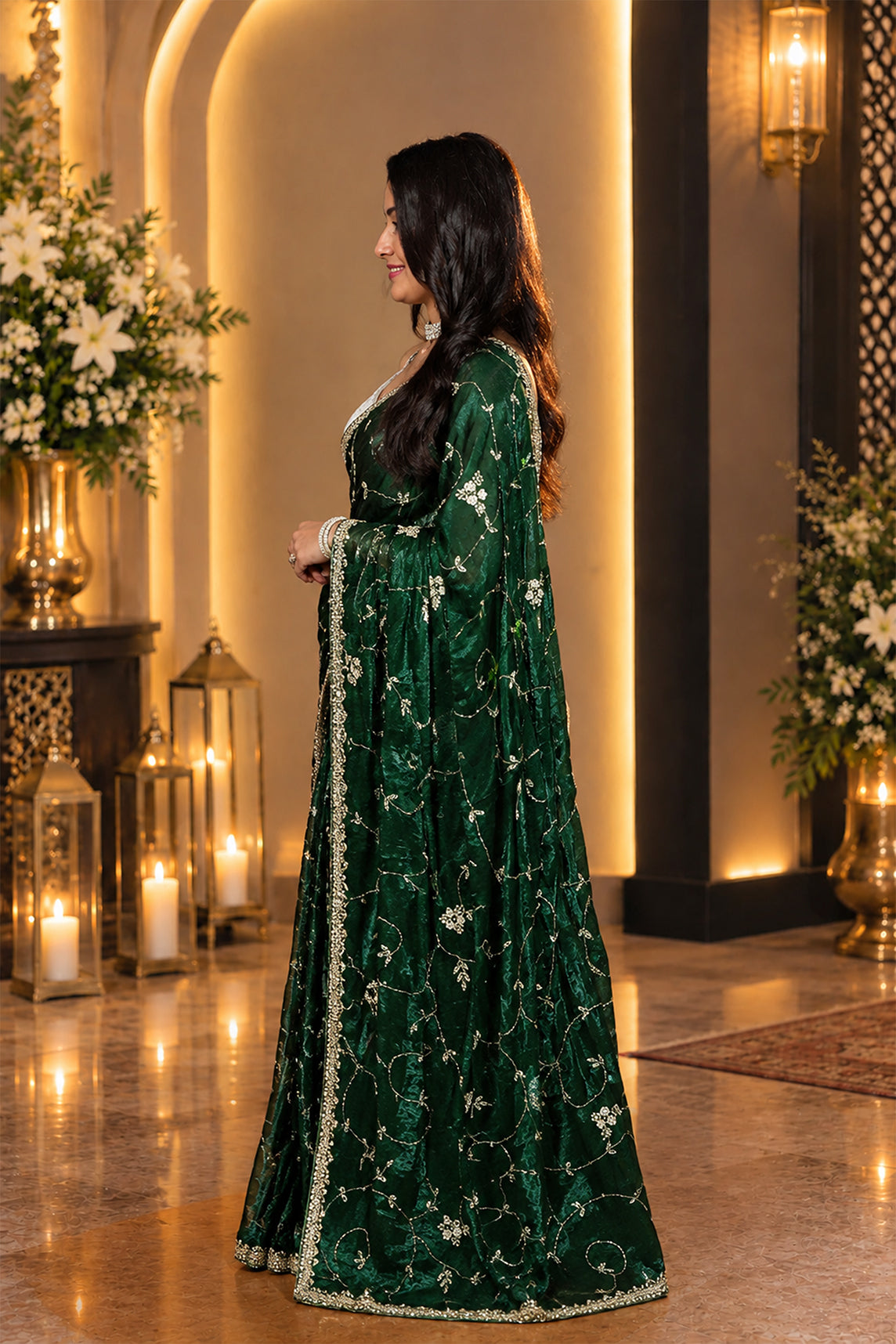 Metallic Dark Green Pure Kora Silk Shimmer Saree