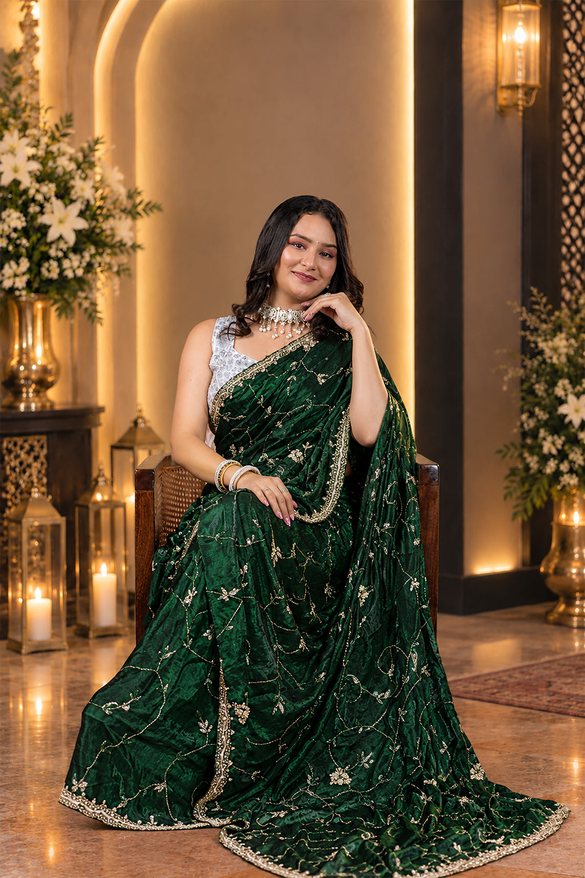 Metallic Dark Green Pure Kora Silk Shimmer Saree