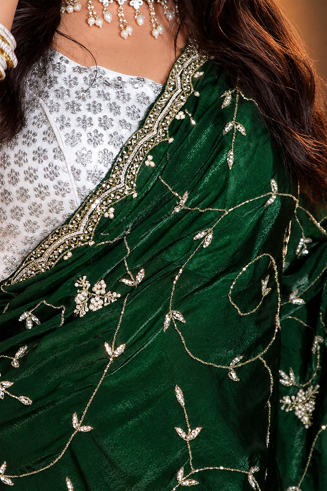 Metallic Dark Green Pure Kora Silk Shimmer Saree