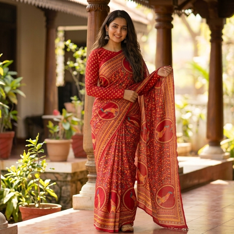Red Pure Chiffon Saree with Artistic Bird Motifs 