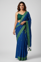 Royal Blue & Green Handloom Cotton Saree with heart embroidery
