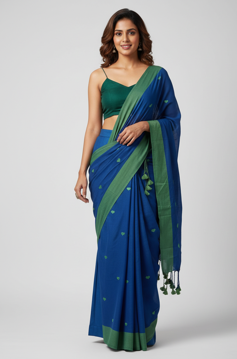Royal Blue & Green Handloom Cotton Saree with heart embroidery