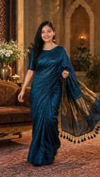 Premium Emerald Deep Peacoke blue Gaji Silk Saree