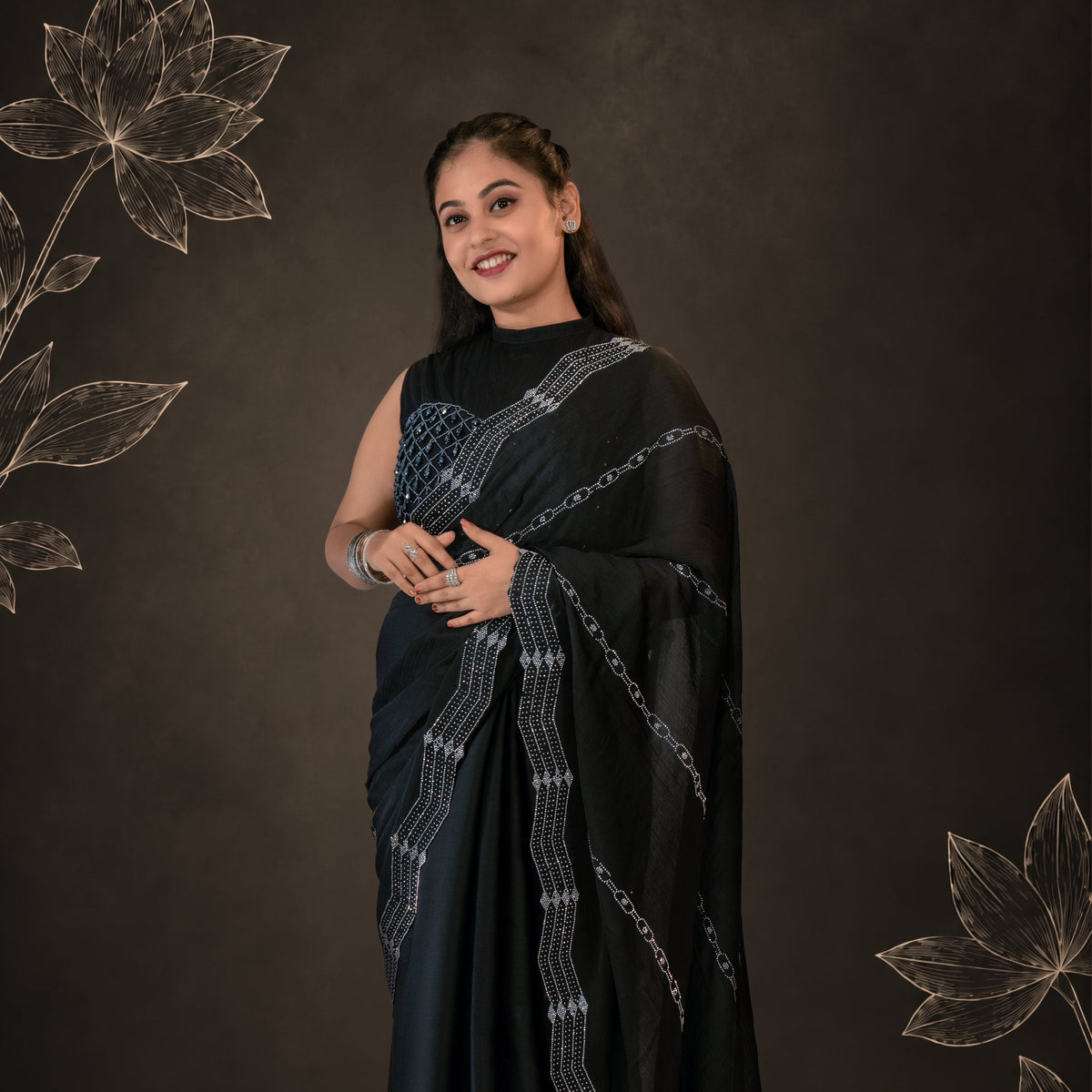 Black Soft Chiffon Saree with Silver Stone Handwork - Timeless in Black