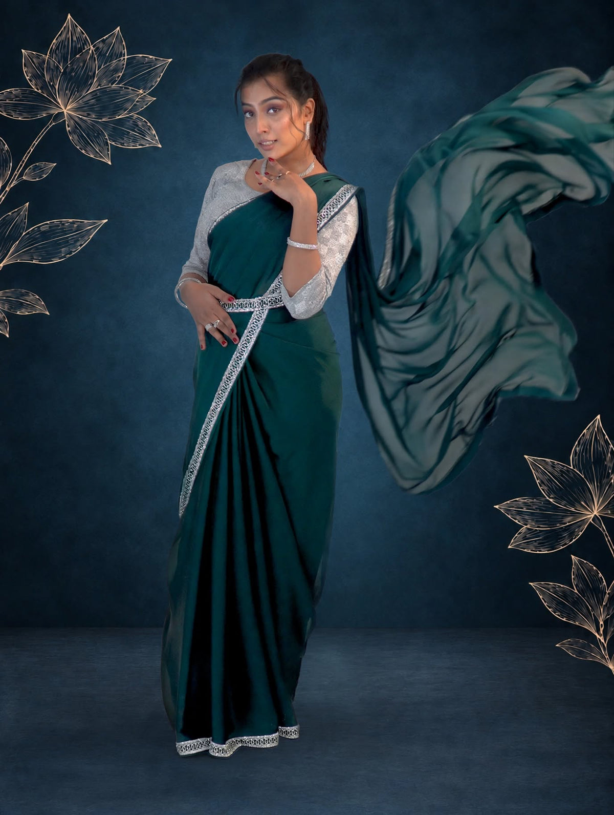 Teal Green Stone Work Saree with Designer Belt