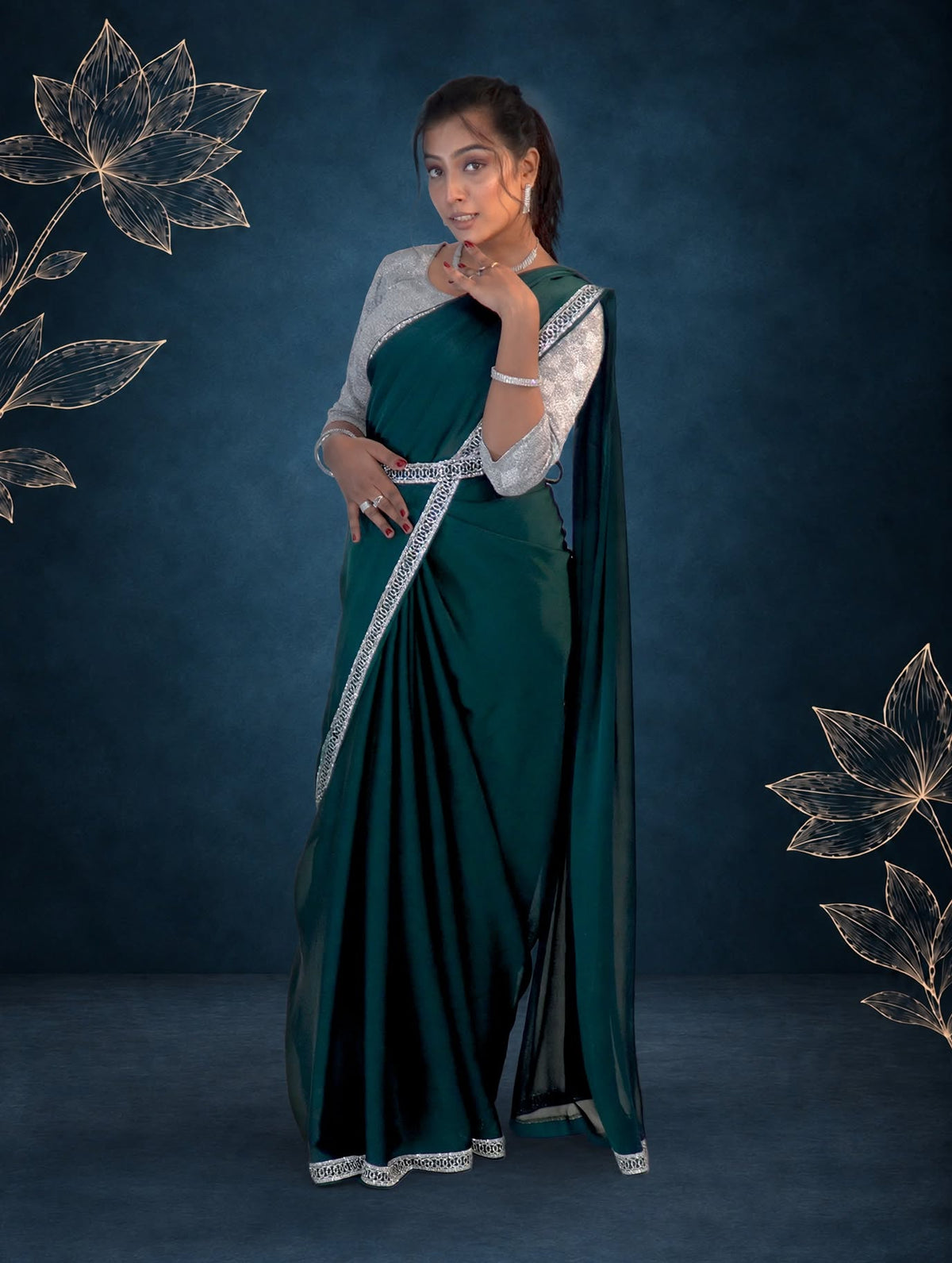 Teal Green Stone Work Saree with Designer Belt
