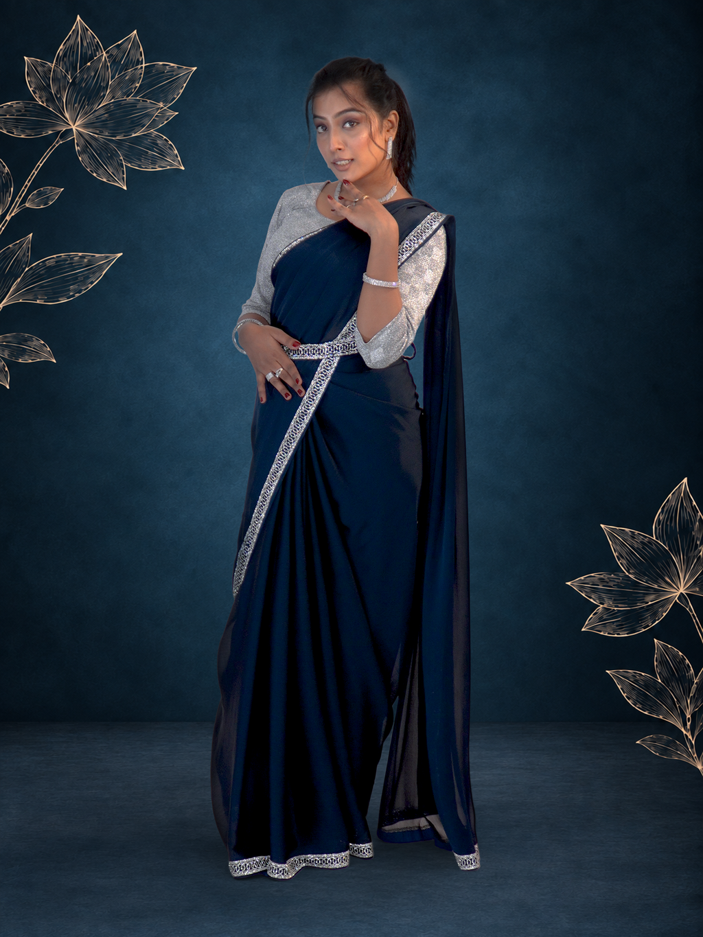 Teal Blue Stone Work Saree with Designer Belt