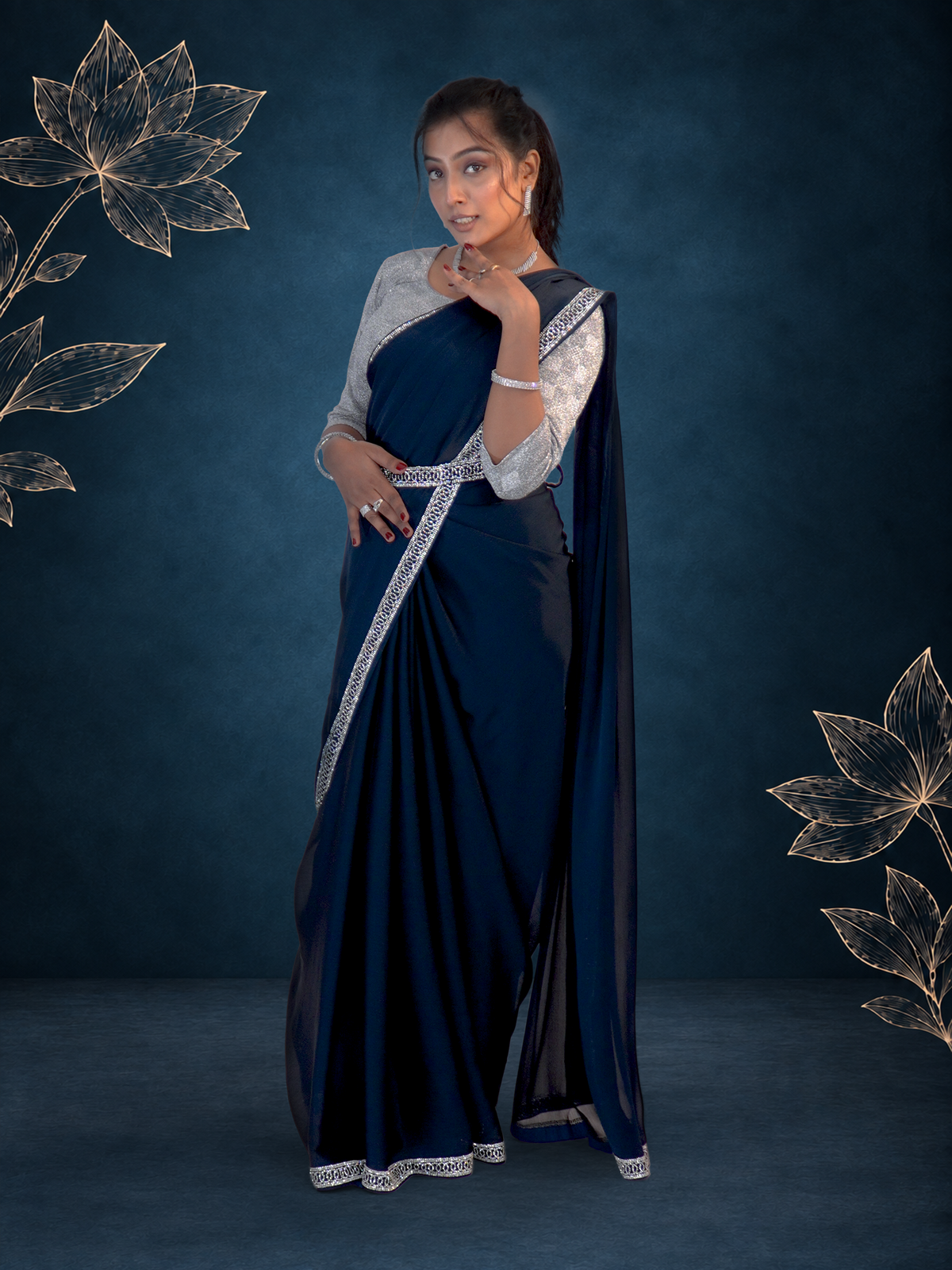 Teal Blue Stone Work Saree with Designer Belt