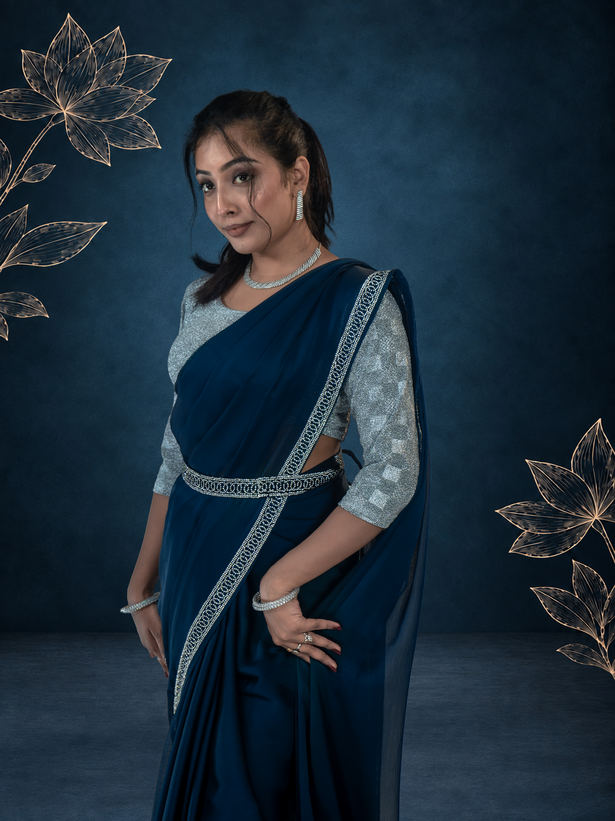 Teal Blue Stone Work Saree with Designer Belt