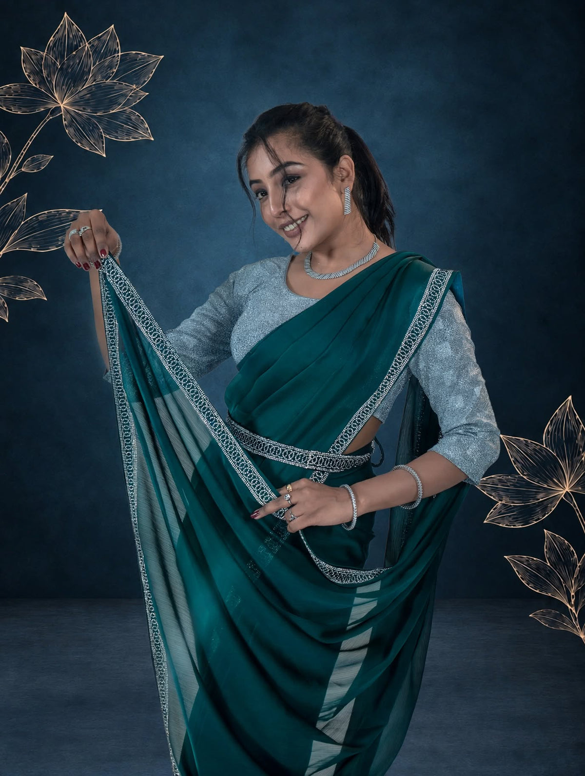 Teal Green Stone Work Saree with Designer Belt