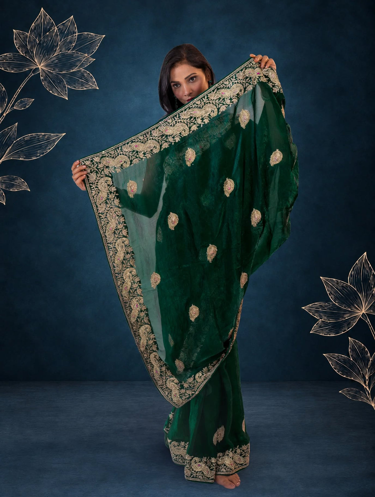 Royal Metallic Emerald Green Kora Silk Shimmer Saree
