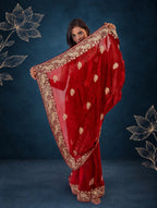 Royal Metallic Cherry Red Kora Silk Shimmer Saree