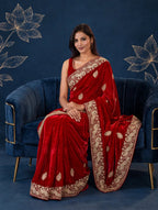 Royal Metallic Cherry Red Kora Silk Shimmer Saree