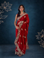 Royal Metallic Cherry Red Kora Silk Shimmer Saree