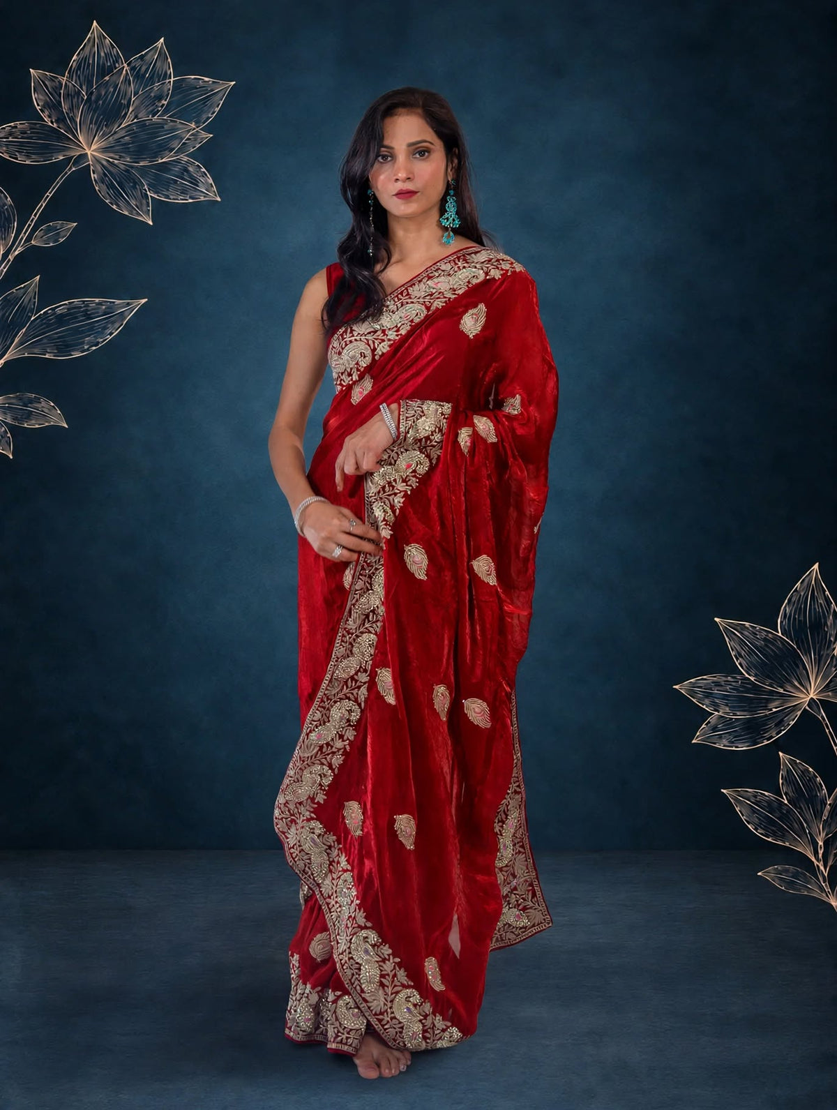 Royal Metallic Cherry Red Kora Silk Shimmer Saree