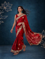 Royal Metallic Cherry Red Kora Silk Shimmer Saree