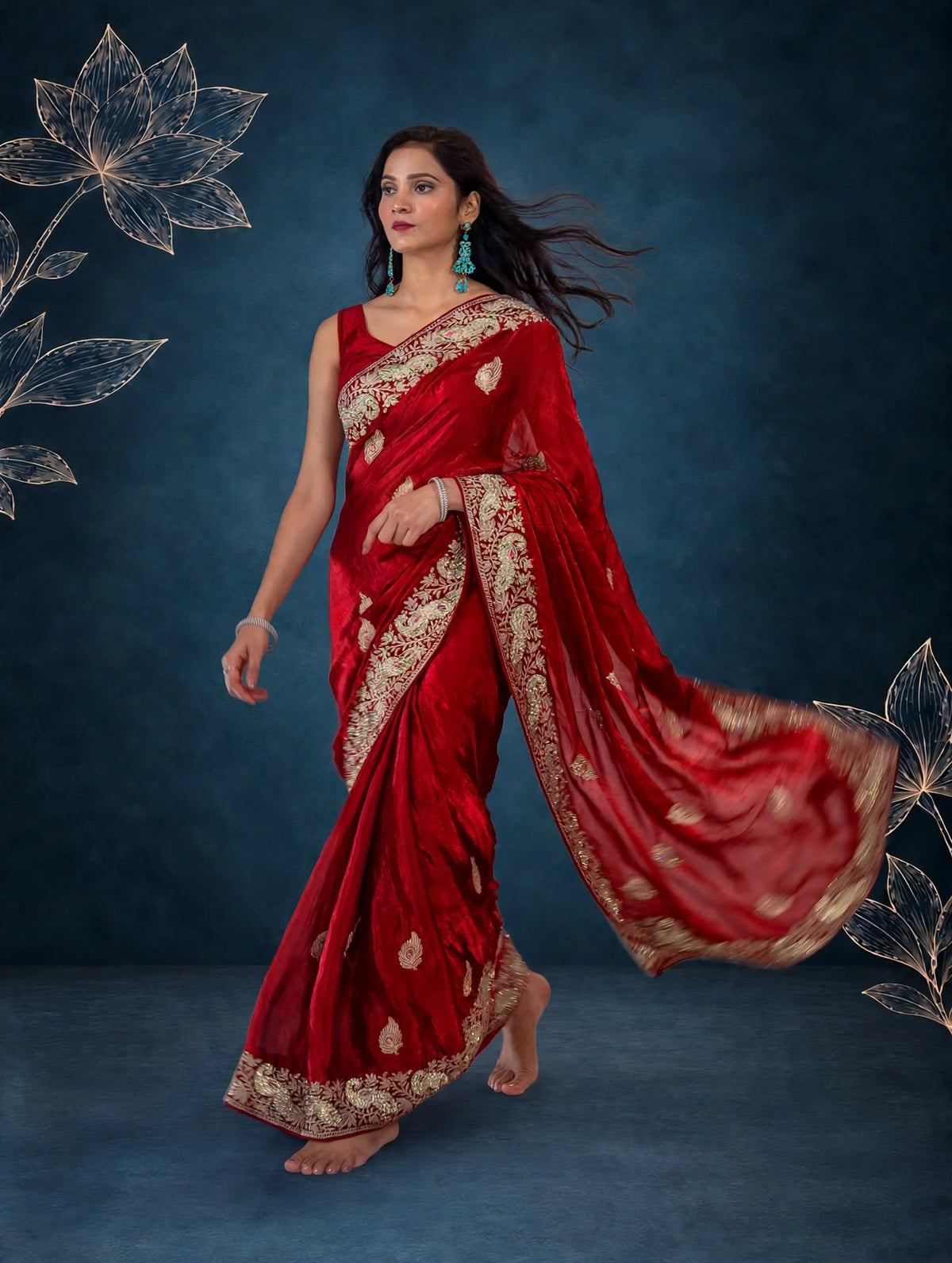Royal Metallic Cherry Red Kora Silk Shimmer Saree