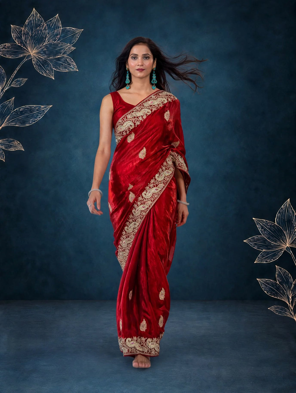 Royal Metallic Cherry Red Kora Silk Shimmer Saree