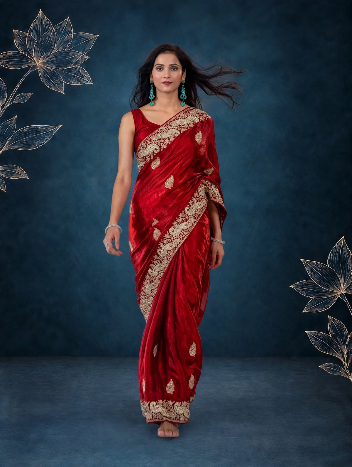 Royal Metallic Cherry Red Kora Silk Shimmer Saree