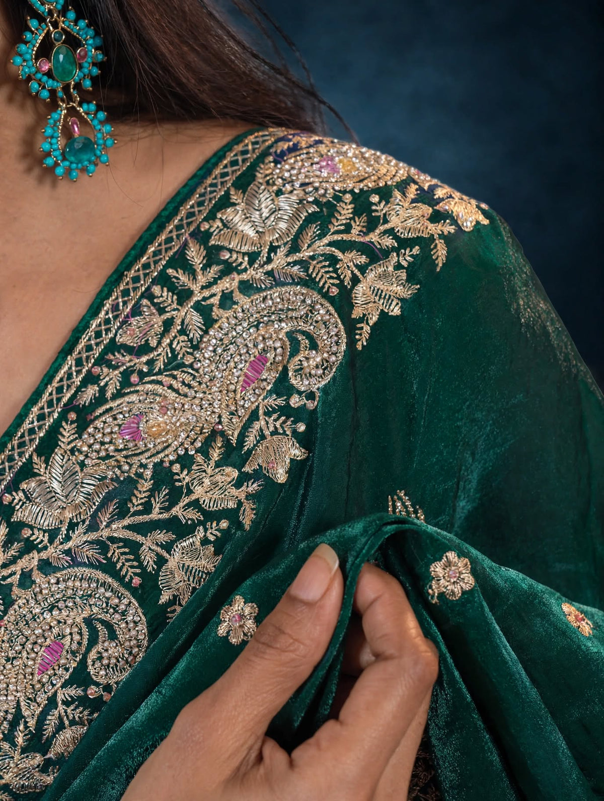 Royal Metallic Emerald Green Kora Silk Shimmer Saree